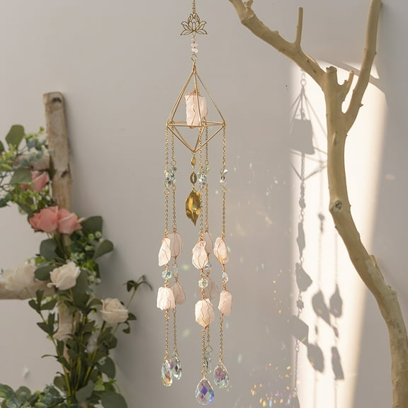 Pink Stones Wind Chimes Crystal Suncatcher for Windows Hanging Prism Craft Rainbow Maker Wind Chime for Home Garden Wedding Party Decor, Xmas, Birthday Gift