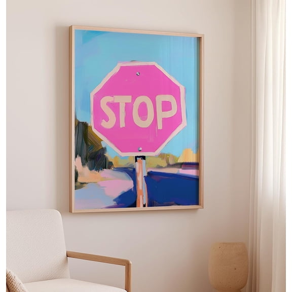 Pink Stop Sign Art Print, Bold and Quirky Street Art-Inspired Wall Decor, Unique Pop Art for Modern Home, Retro home poster, Unframed Poster Size 8x12 F03.1.19l969
