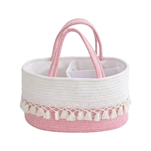 Pink Storage Basket with Divider, Handmade Woven Cotton Basket with Tassels, Portable Organizer Tote for Baby Items and Home Decor