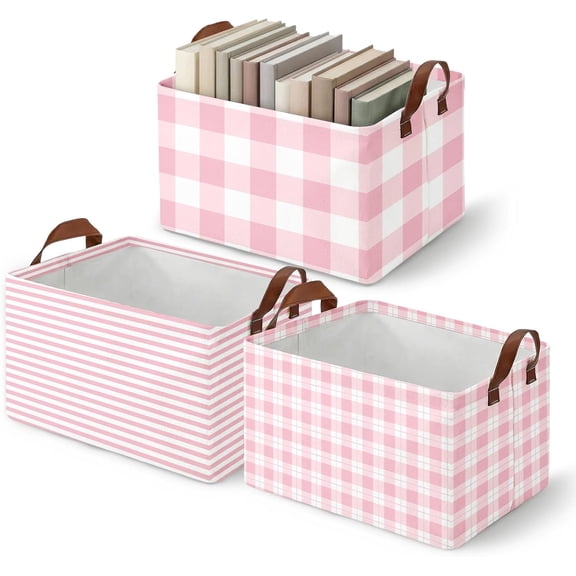 Pink Storage Baskets for Gifts, Toy Storage Bins Box, 3 Pack | Pink Nursery Canvas Collapsible Baskets Organizer with Handles Nursery Decor Laundry Basket for Shelves Closet