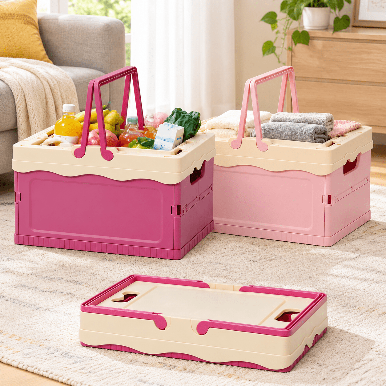 Kitchen Basket. Sign Pink Storage Bins with Lids, Foldable Storage Basket, Collapsible ...