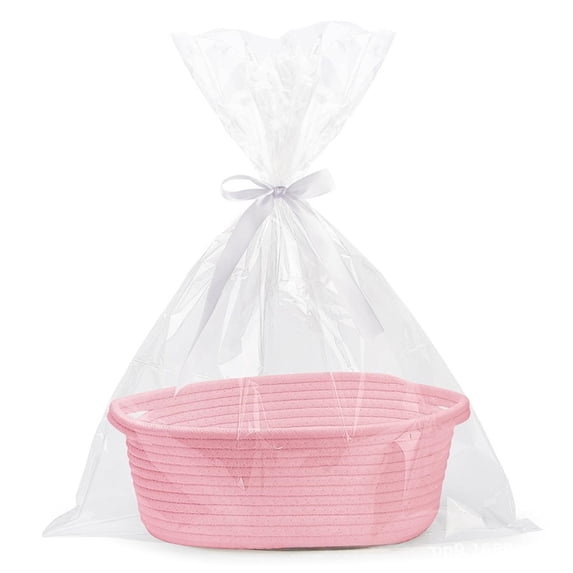 Pink Storage Organizer Basket Woven From Natural Materials With Sturdy Handles For Closet And Shelf Organization Enhanced With Decorative Ribbon And Bag Details