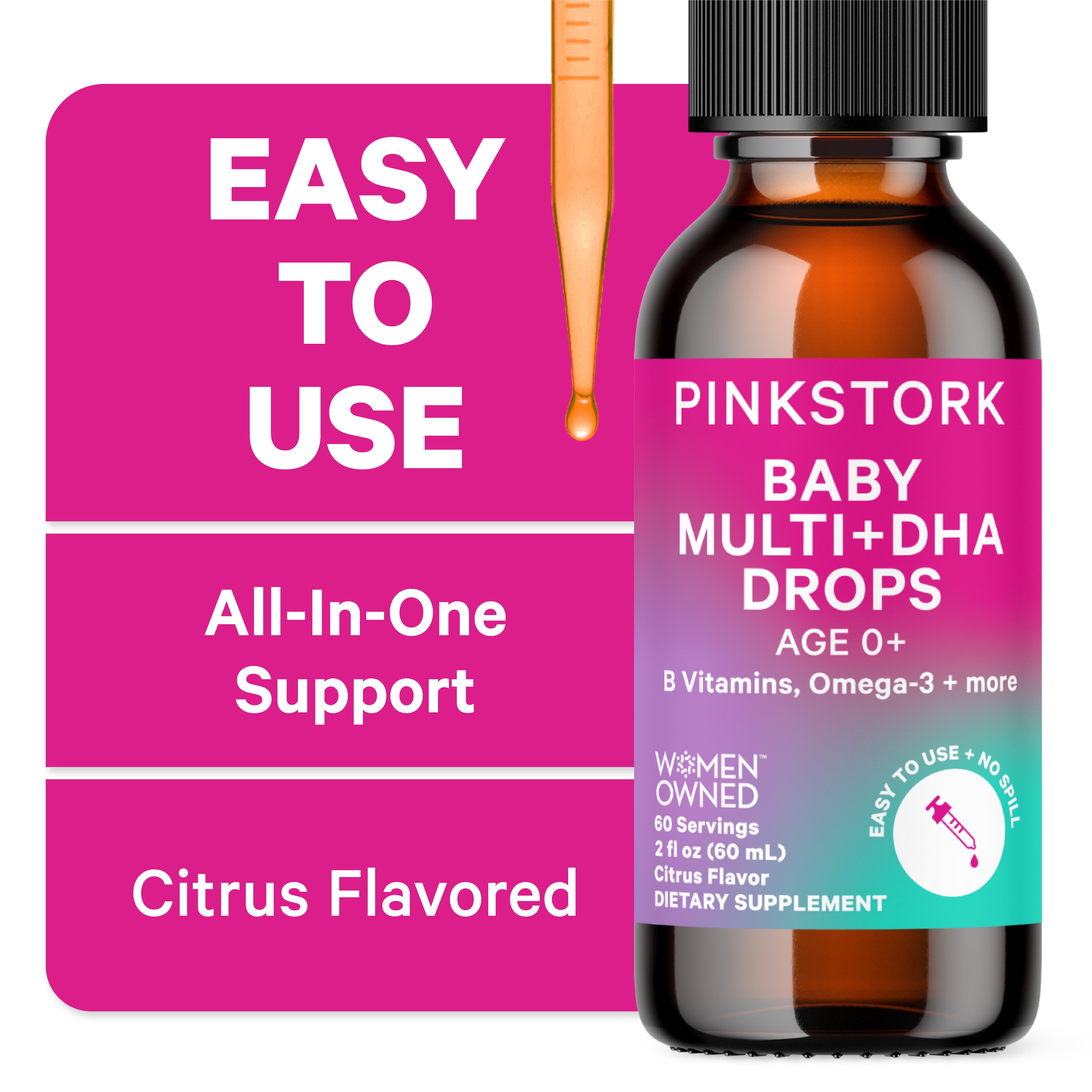 Pink Stork Baby Liquid Multivitamin Drops with DHA, Vitamin C, D, B12 + Choline for infants, 2 fl oz