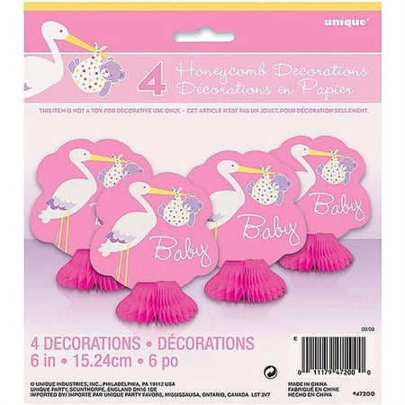 Pink Stork Baby Shower Mini Honeycomb Decorations, 4pk
