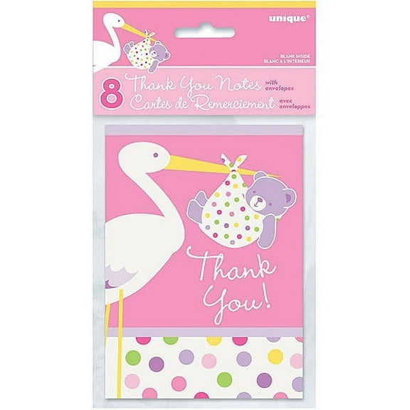 Pink Stork Baby Shower Thank You Notes,
