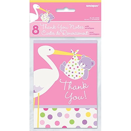 Pink Stork Baby Shower Thank You Notes, 8ct