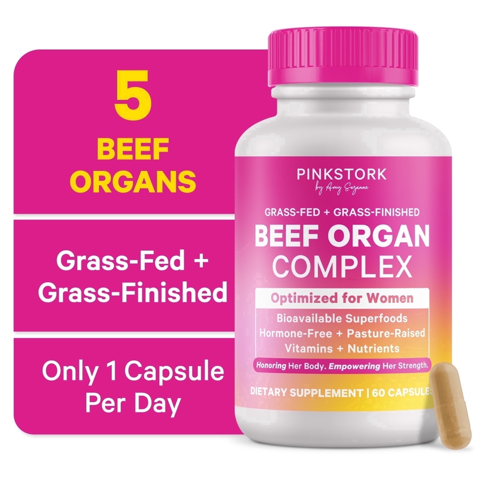 Pink Stork Beef Organ Supplement for Women | Grass-Fed Beef Liver Capsules with Iron, B12, CoQ10, Vitamin A | Primal Multivitamin | Female Hormone + Energy Support | 60 Capsules