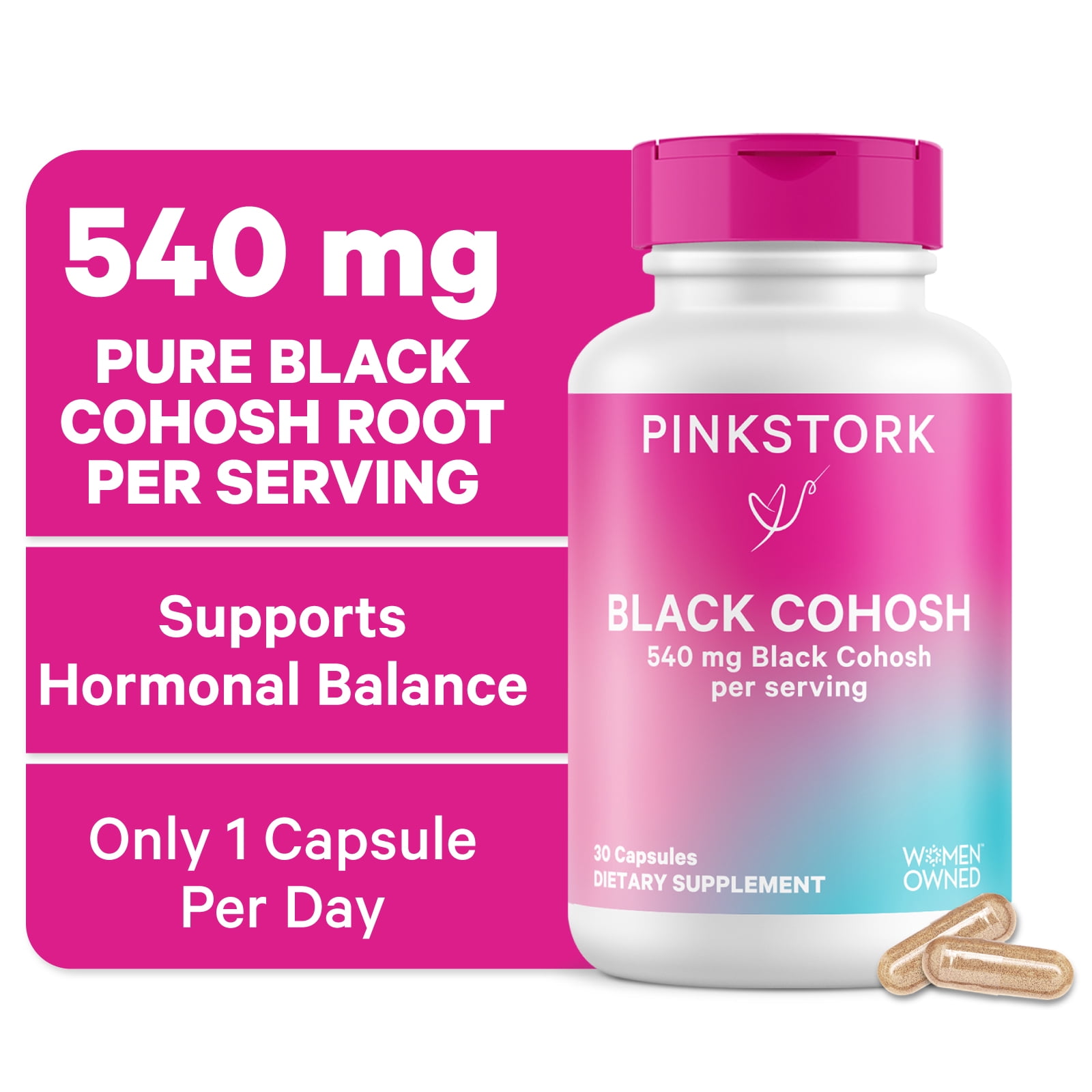 Pink Stork Black Cohosh Supplements for Women - Hormone Balance, Hot Flash & Night Sweat Support - 30 Capsules