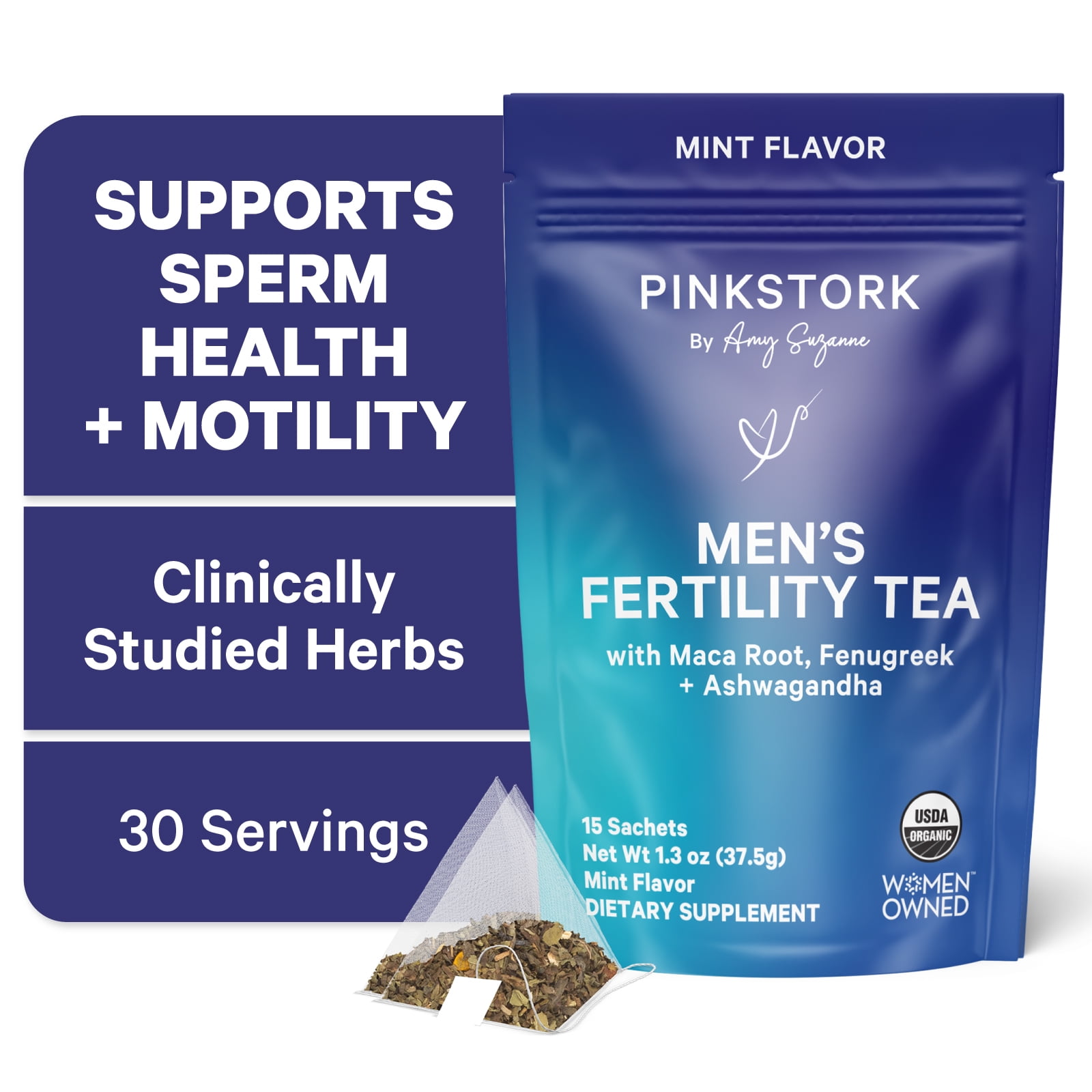 Pink Stork Fertility Tea for Men: Organic Supplements + Vitamins for Male Reproductive Health,  Peppermint Tea, 30 Cups