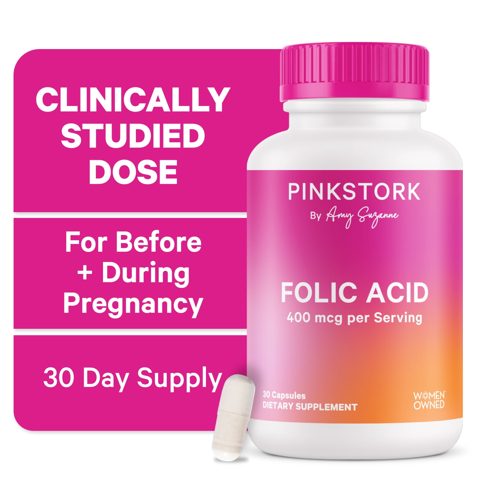 Pink Stork Folic Acid for Women - Formulated for Mom + Baby, 400mcg, 30 Capsules