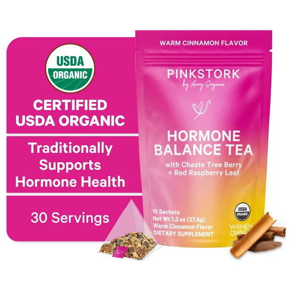 Pink Stork Hormone Balance Tea with Chaste Tree Berry, Raspberry Leaf, Chamomile, Turmeric, Fennel - 15 Sachets