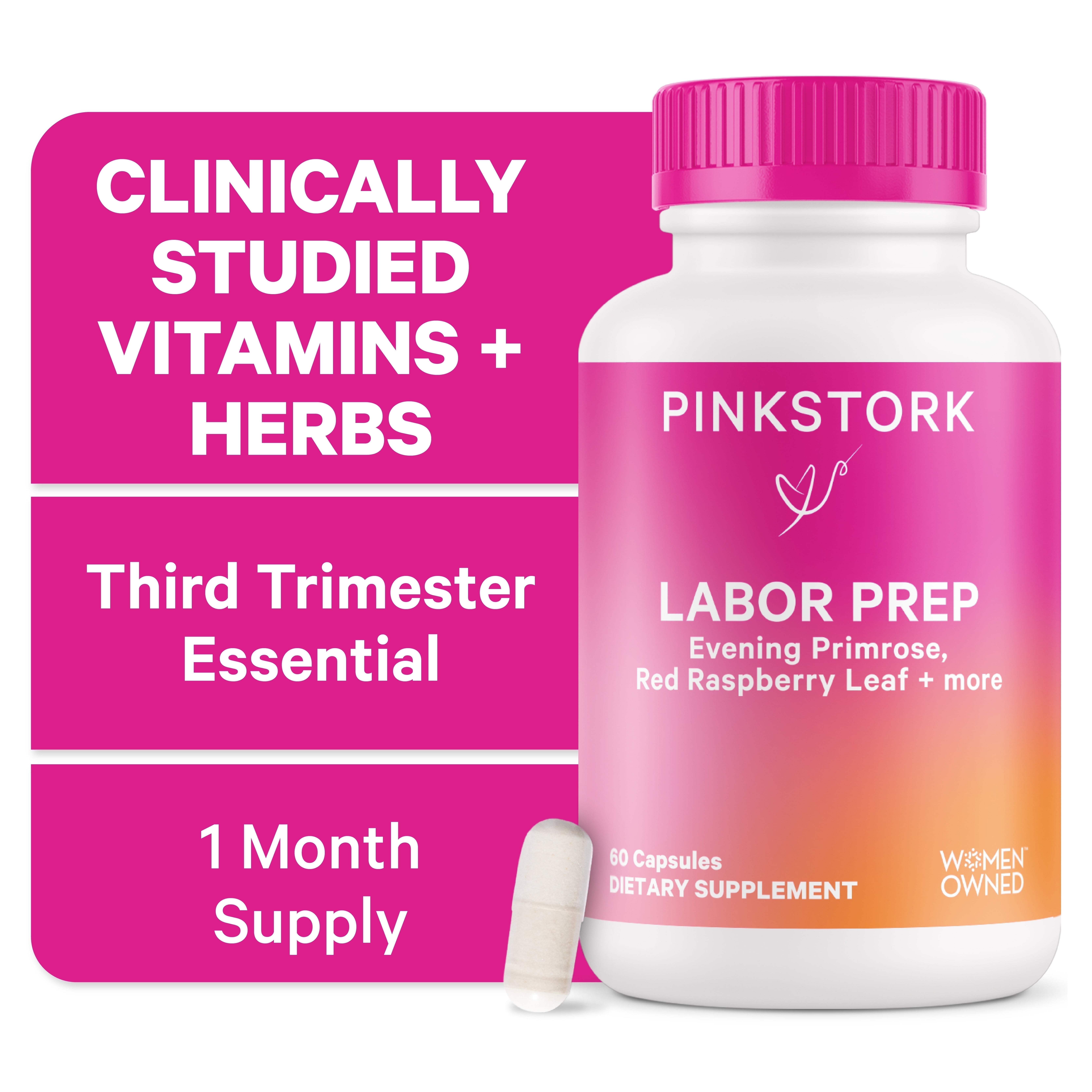 Pink Stork Labor Prep Supplement, Evening Primrose, Red Raspberry Leaf Vitamin, 60 Capsules