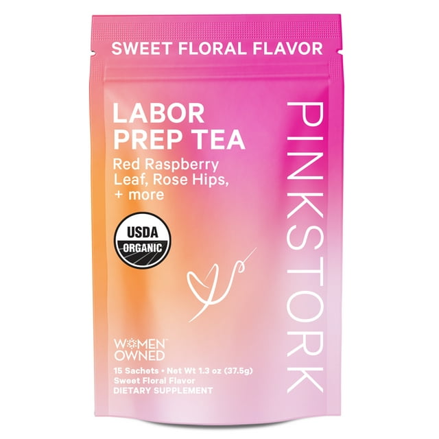 Pink Stork Labor Prep Tea, Organic Red Raspberry Leaf Tea with Chamomile and Rosehip, Caffeine-Free, Pregnancy Must Haves, Labor and Delivery Essentials, Third Trimester Pregnancy Tea - 15 Sachets