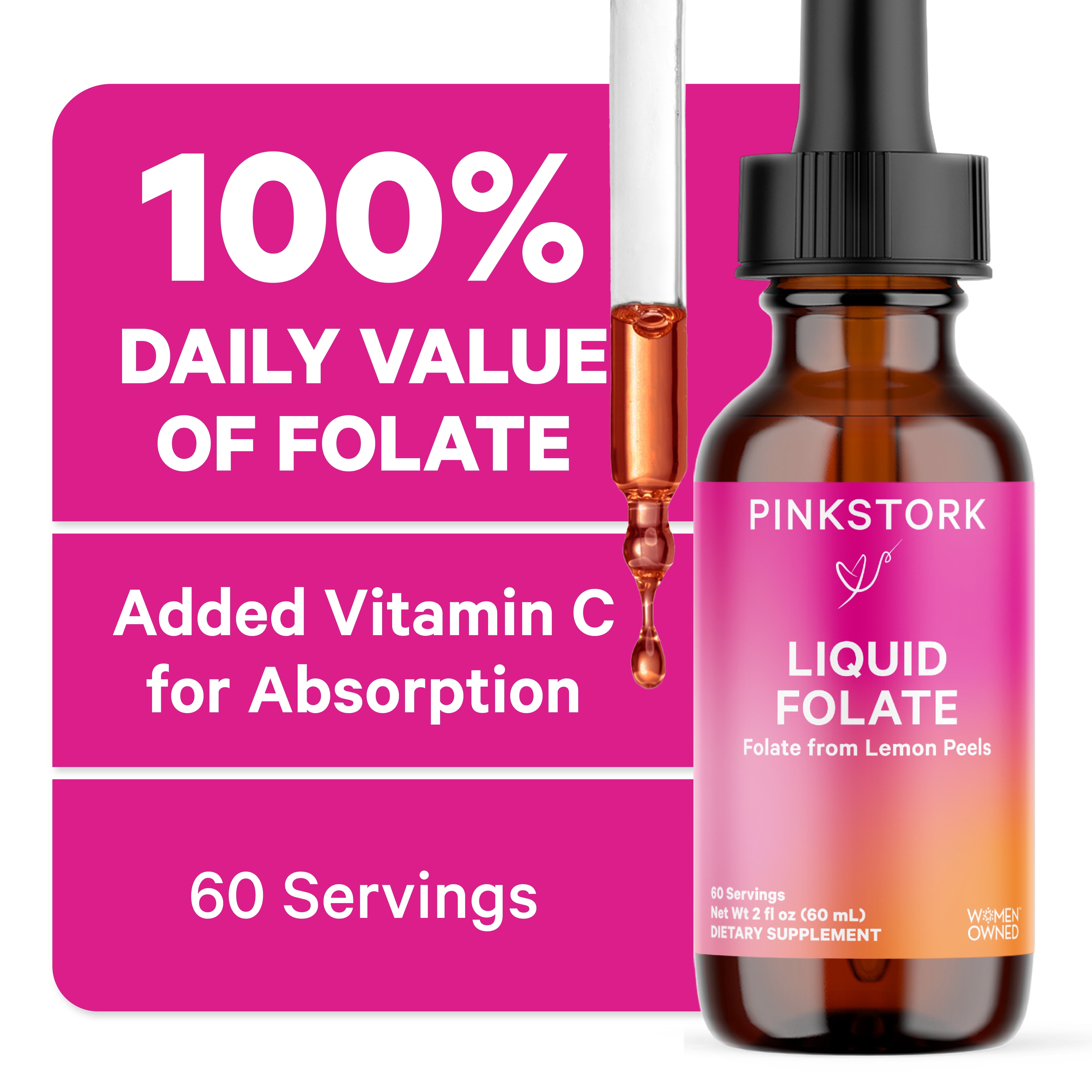 Pink Stork Liquid Folate - Whole-Food Prenatal Vitamin for Women, 2 oz