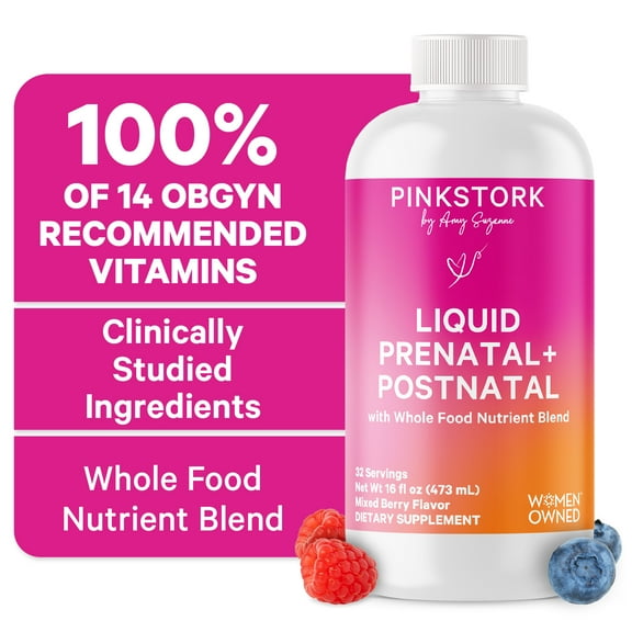 Pink Stork Liquid Prenatal Vitamin with Organic Whole Food Blend, Folate, Iron, Zinc - 32 Servings, 16 fl oz