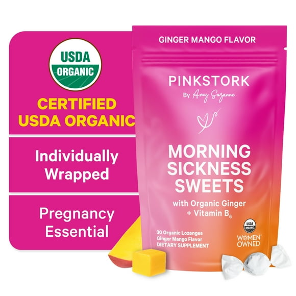 Pink Stork Organic Mango Ginger Candy with Vitamin B6, 30 Drops, Ease Morning Sickness & Motion Discomfort