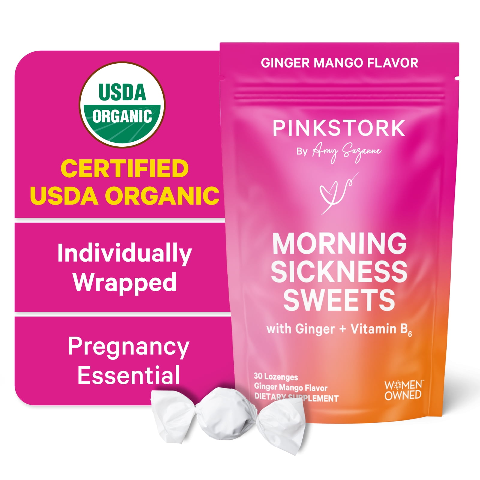 Pink Stork Organic Mango Ginger Candy with Vitamin B6, 30 Drops, Ease Morning Sickness & Motion Discomfort