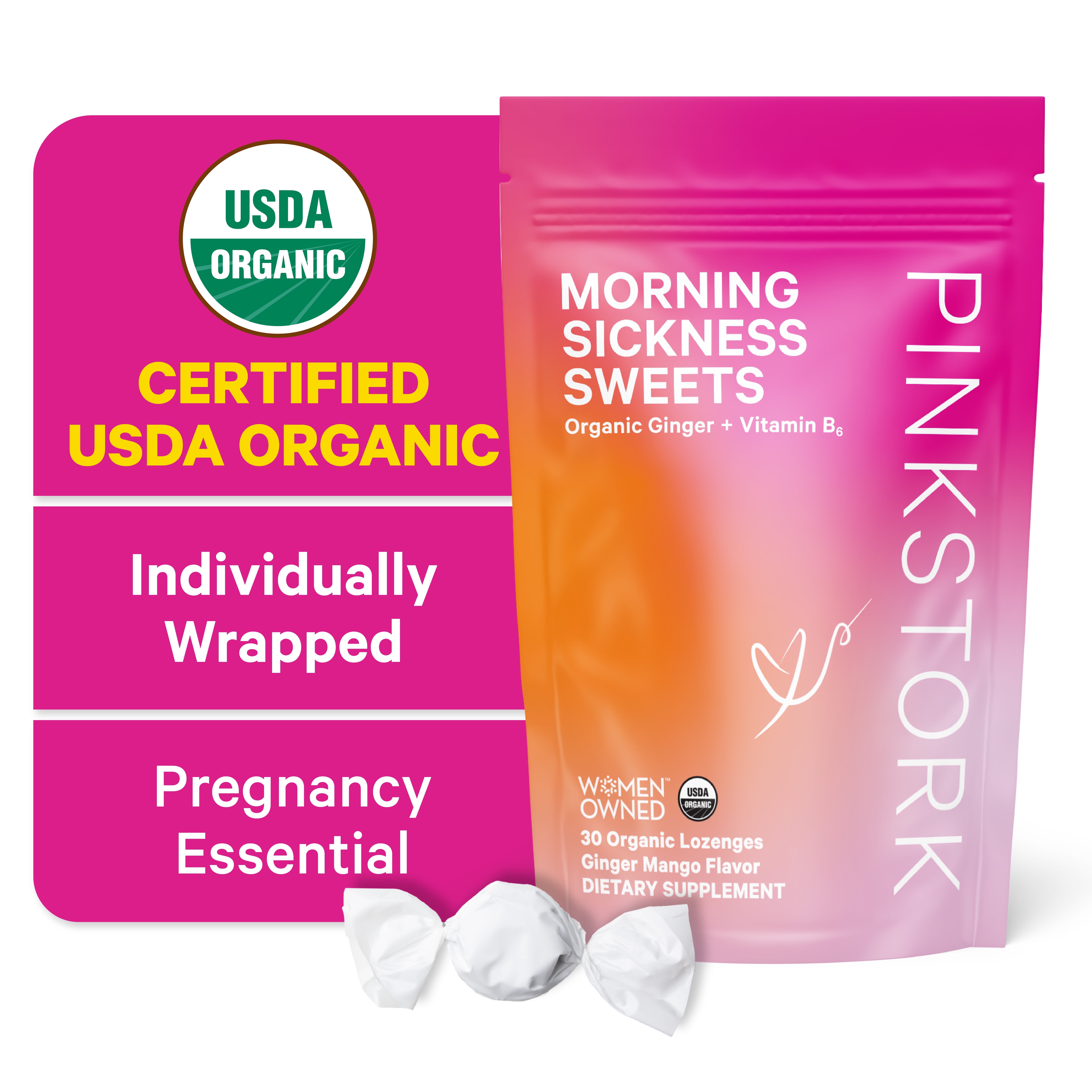 Pink Stork Morning Sickness Sweets, Organic Mango Ginger Candy with Vitamin B6, 30 Wrapped Drops