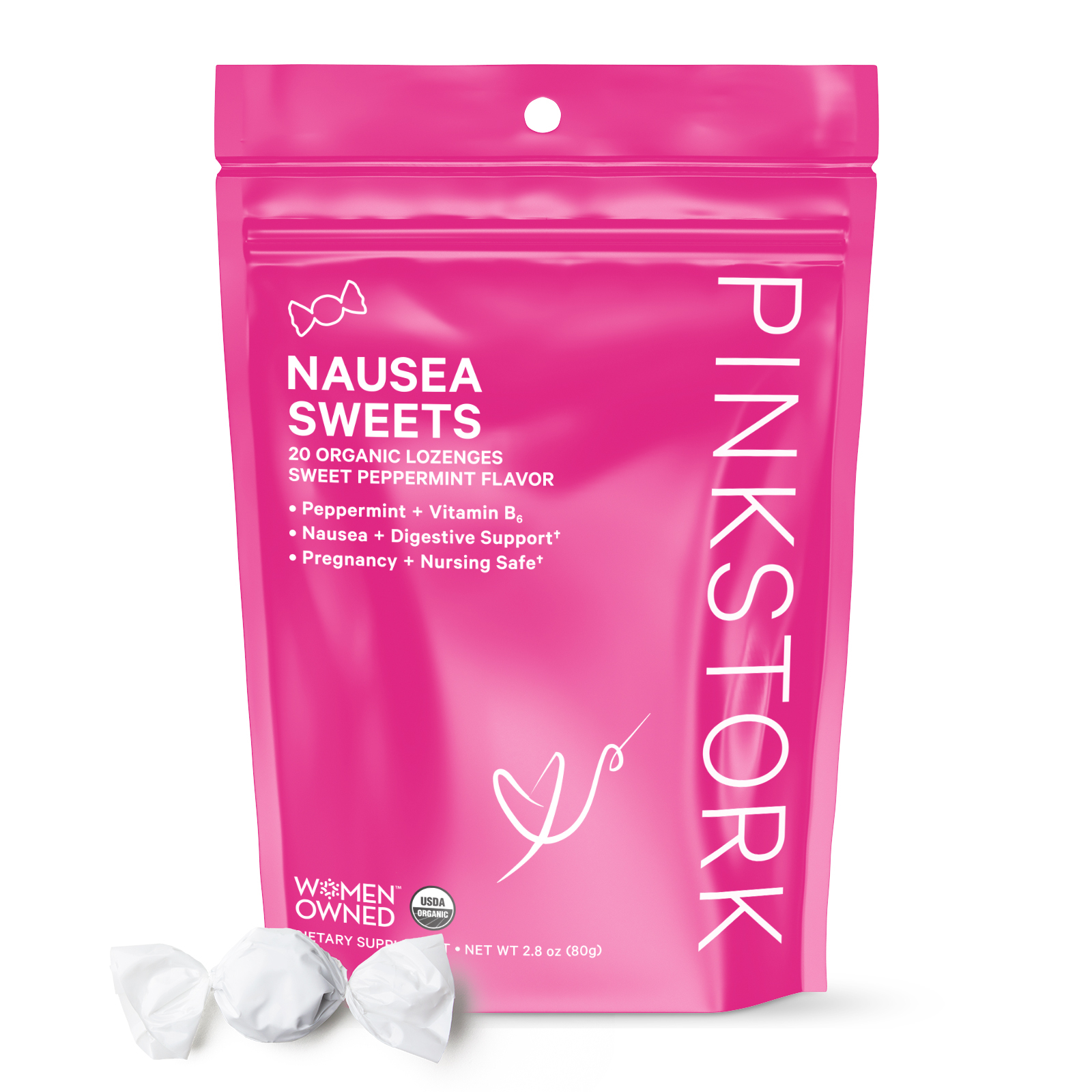 Pink Stork Nausea Sweets: Nausea Relief + Morning Sickness Relief for Pregnancy, Vitamin B6 + Peppermint, 20 Lozenges - image 1 of 6