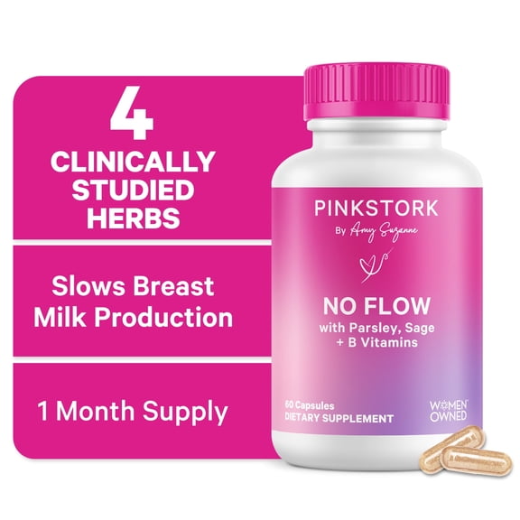 Pink Stork No Flow Support Supplement for Breastfeeding Moms, Thiamin, Mood and Energy, 60 Capsules