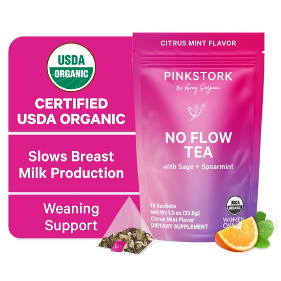 Pink Stork No Flow Tea, Organic Citrus Mint, Stop Lactation, Caffeine-Free, 15 Sachets, 30 Servings
