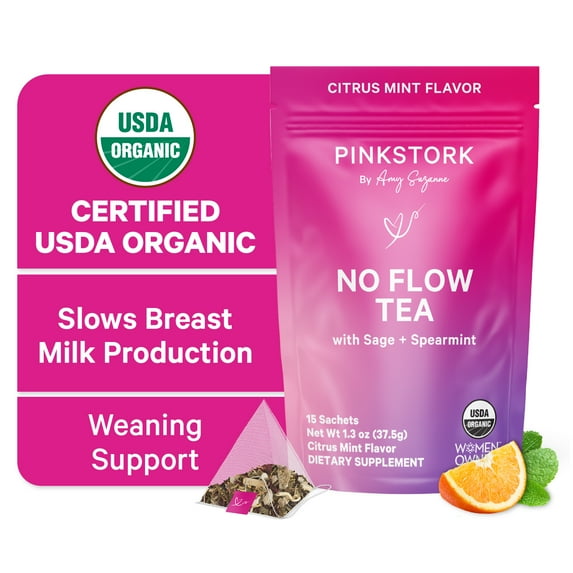 Pink Stork No Flow Tea, Organic Citrus Mint, Stop Lactation, Caffeine-Free, 15 Sachets, 30 Servings