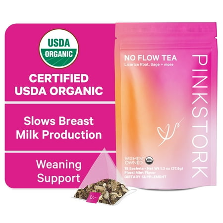 Pink Stork No Flow Tea: Sage Tea to Reduce Breast Milk, Hibiscus Mint, 30 Cups, Organic Herbs for Women