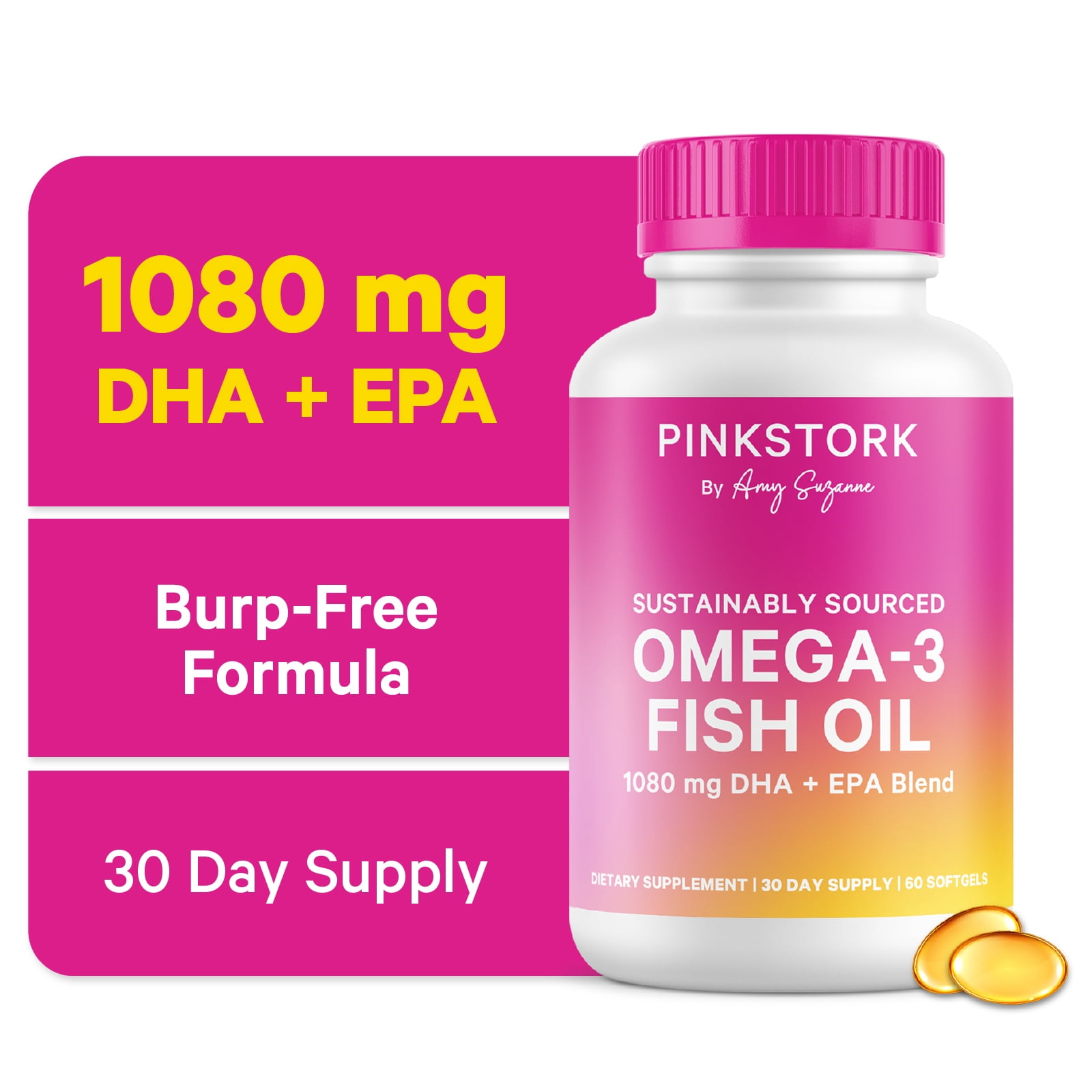 Pink Stork Omega 3 Fish Oil Supplements DHA and EPA for Cognitive Health- 60 Softgels