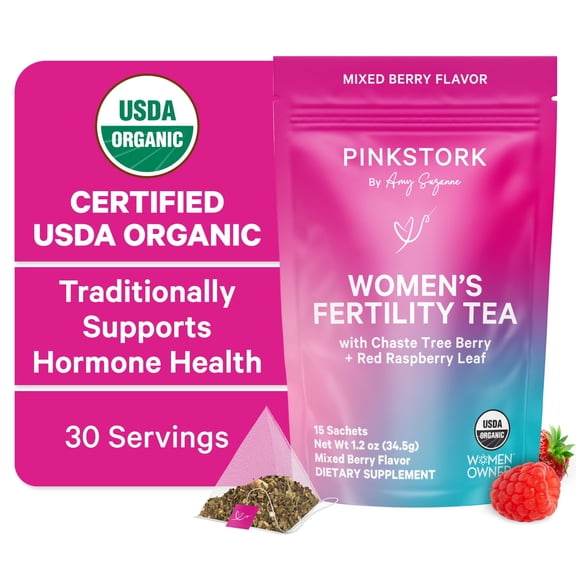 Pink Stork Organic Fertility Tea, Conception Support, Menstrual Support, Mixed Berry, 15 Sachets