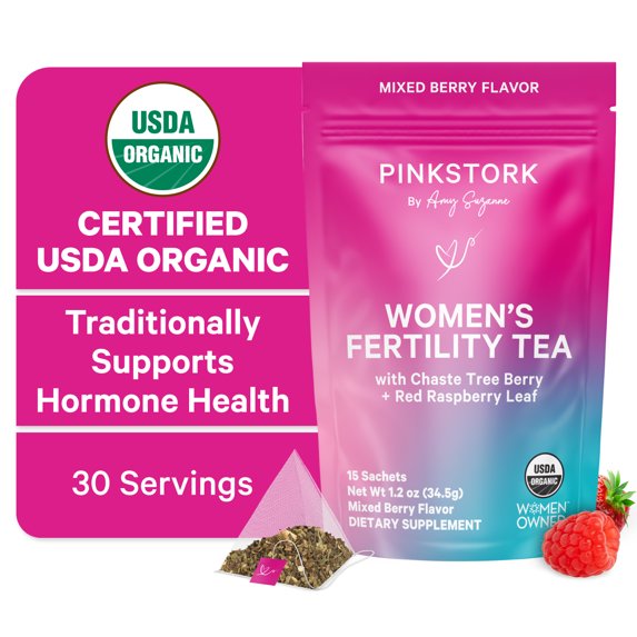Pink Stork Organic Fertility Tea, Hormone Balancing, Menstrual Support, Raspberry, 15 Sachets