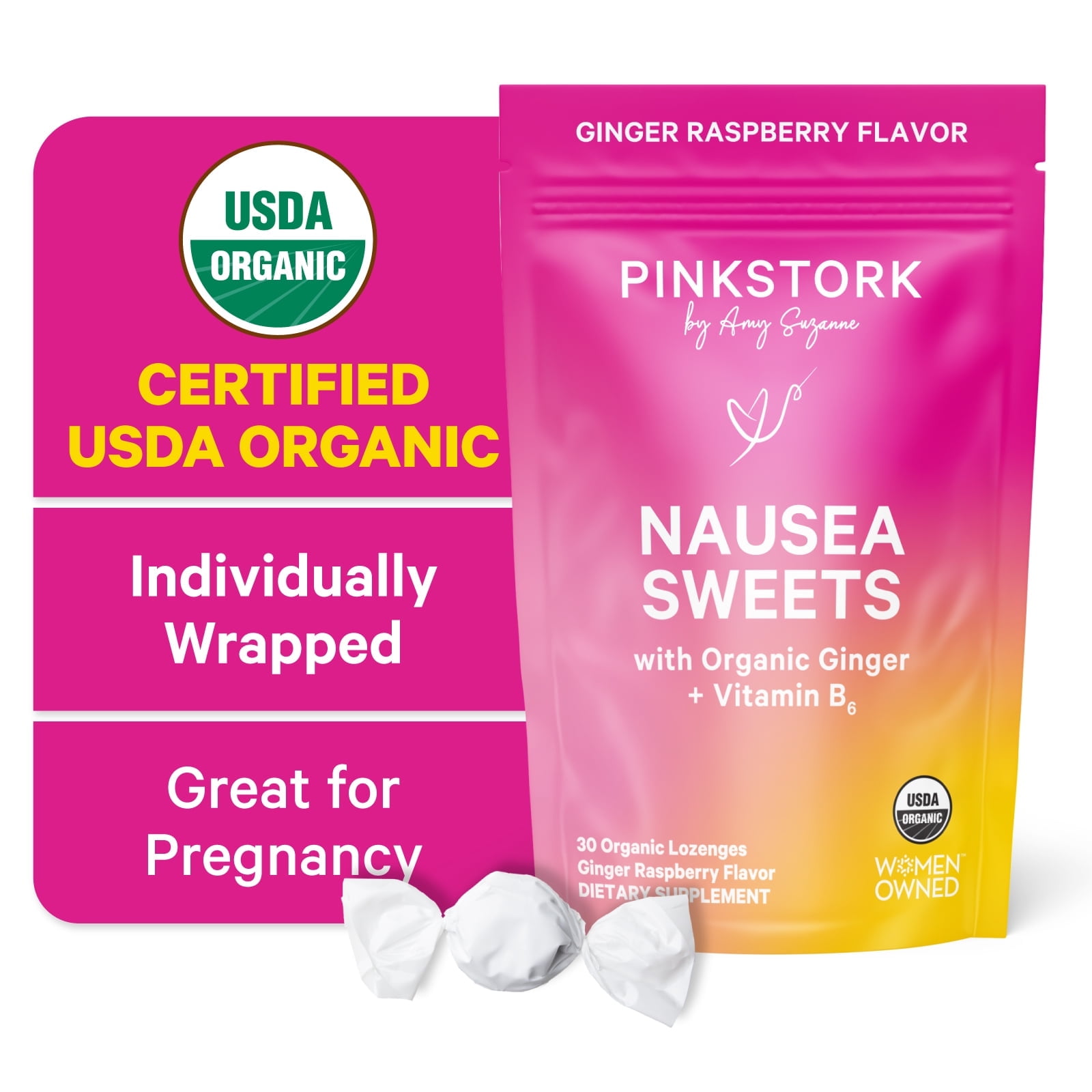 Pink Stork Organic Ginger Raspberry Lozenges with Vitamin B6 for Digestion - 30 Count