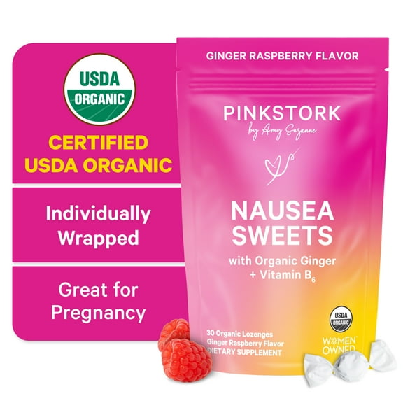 Pink Stork Organic Morning Sickness Sweets, Relieve Nausea, Pregnancy, Raspberry Ginger Candy with Vitamin B6, Vegan, 30 Count