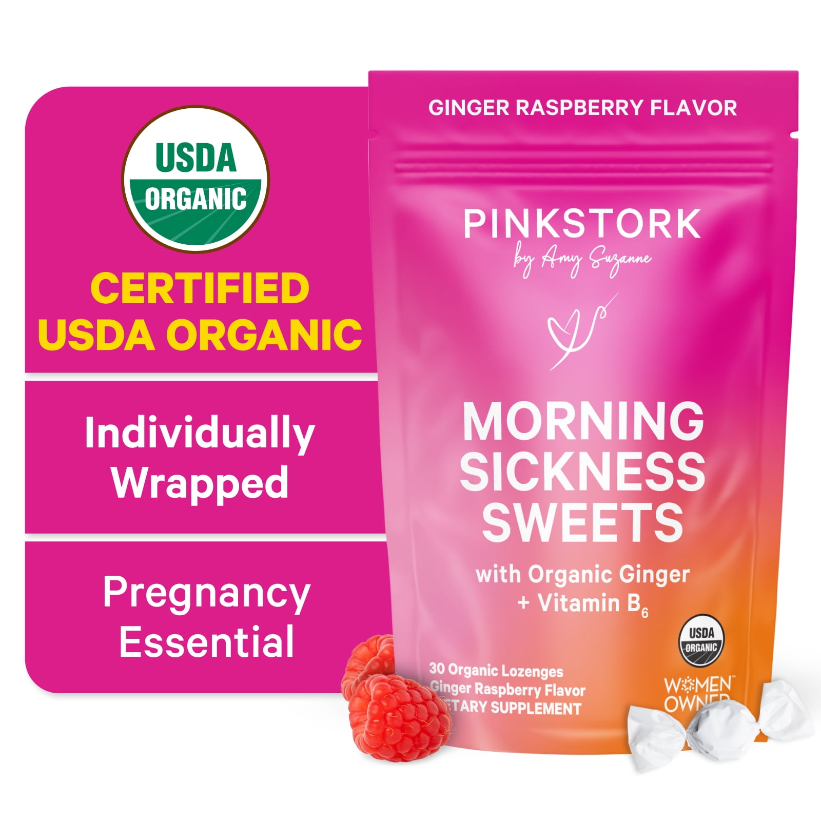 Pink Stork Organic Morning Sickness Sweets, Relieve Nausea, Pregnancy, Raspberry Ginger Candy with Vitamin B6, Vegan, 30 Count