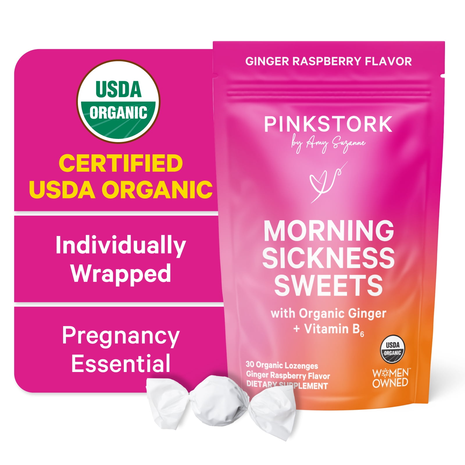 Pink Stork Organic Morning Sickness Sweets, Relieve Nausea, Pregnancy, Raspberry Ginger Candy with Vitamin B6, Vegan, 30 Count
