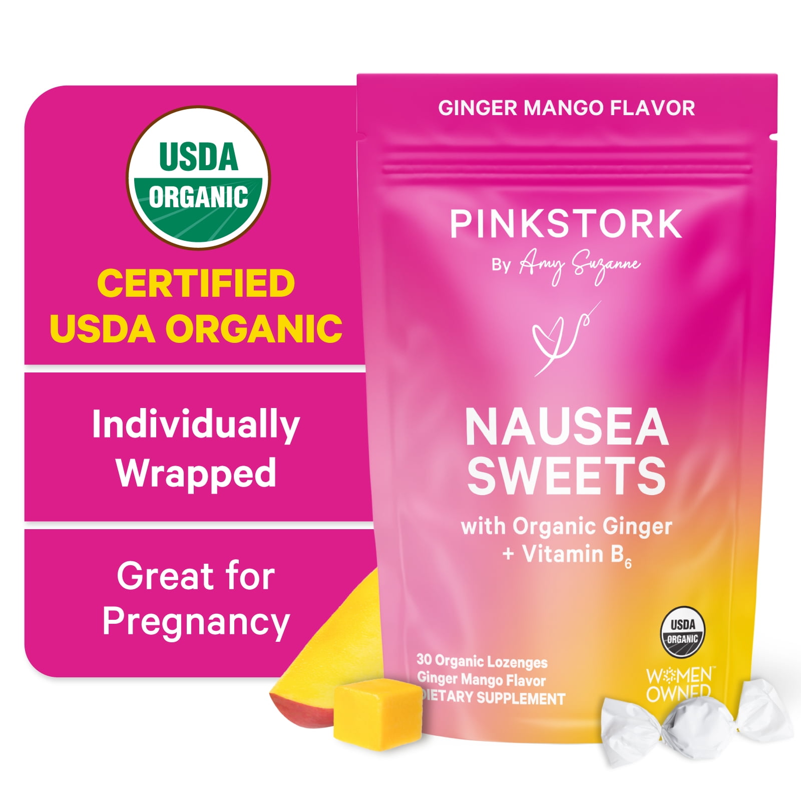 Pink Stork Organic Nausea Sweets, Mango Ginger Candy with Vitamin B6, 30 Drops - Pregnancy, Morning Sickness