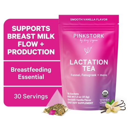 Pink Stork Organic Smooth Vanilla Breastfeeding Support Lactation Tea, 15 Sachets, Mom Milk Supply
