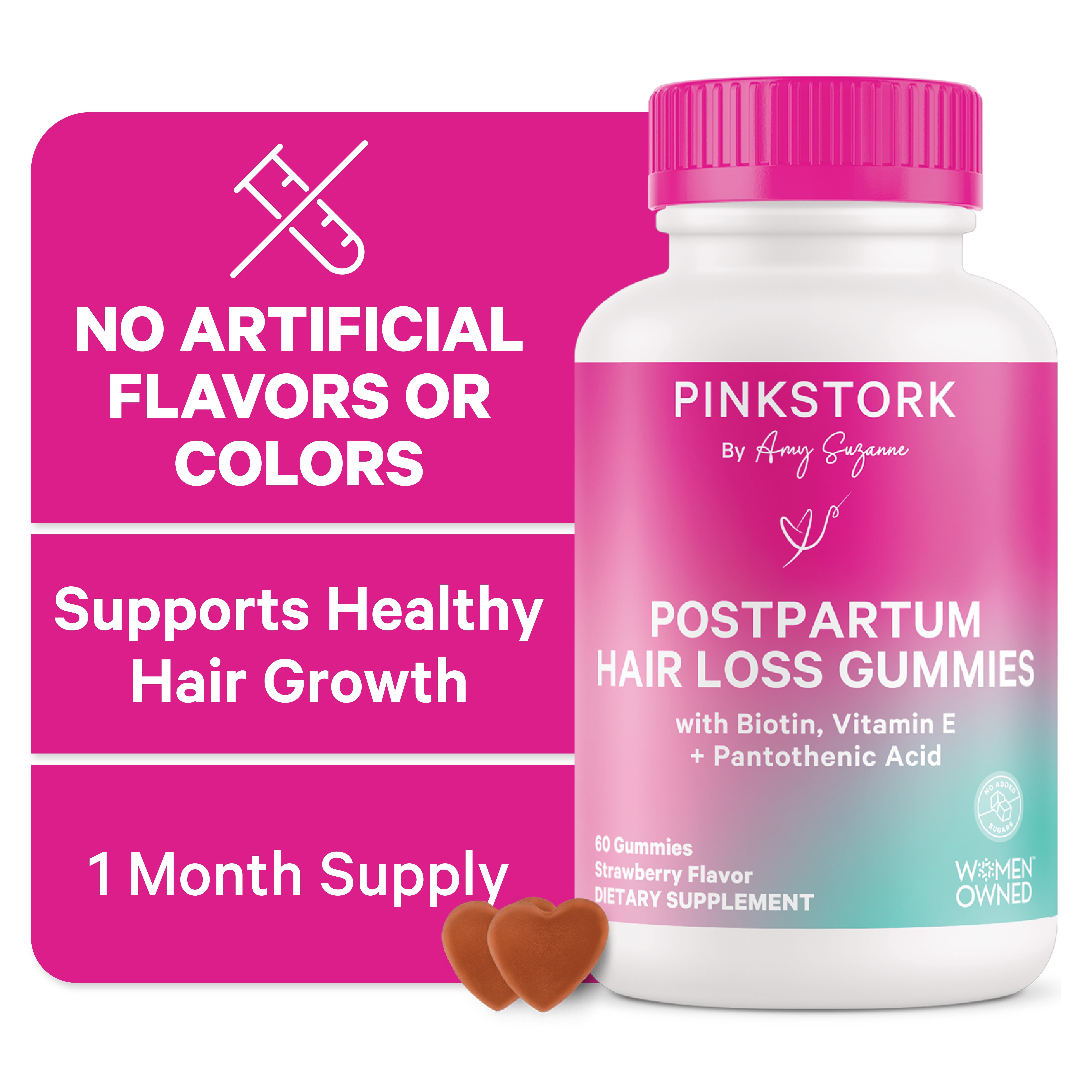Pink Stork Postpartum Hair Loss Gummies, Biotin Hair Skin + Nails Vitamins, 60 Gummies
