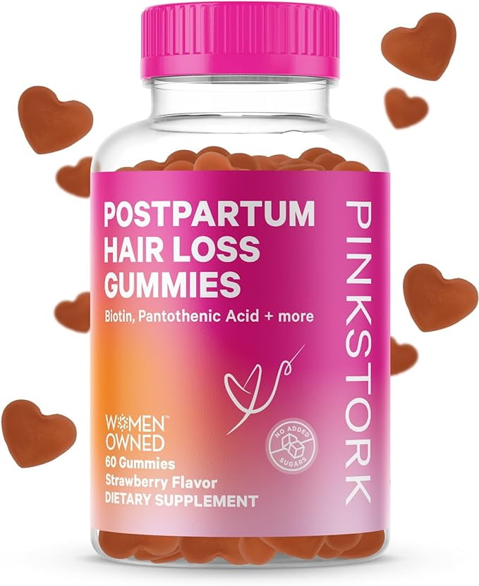 Pink Stork Postpartum Hair Loss Vitamin Gummies for Postnatal Women, Biotin Gummies for Hair Growth, Skin, and Nails, Supports Scalp Health and Regrowth, Postpartum Essentials - Strawberry, 60 Count