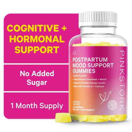 Pink Stork Postpartum Mood Gummies with Vitamin D and Calcium, Postpartum Essentials, 60 Gummies