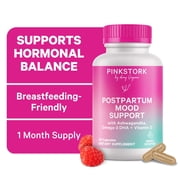 Pink Stork Postpartum Mood Support Supplements with Ashwagandha, Omega-3 DHA, Saffron, Chamomile - 60 Capsules, Berry