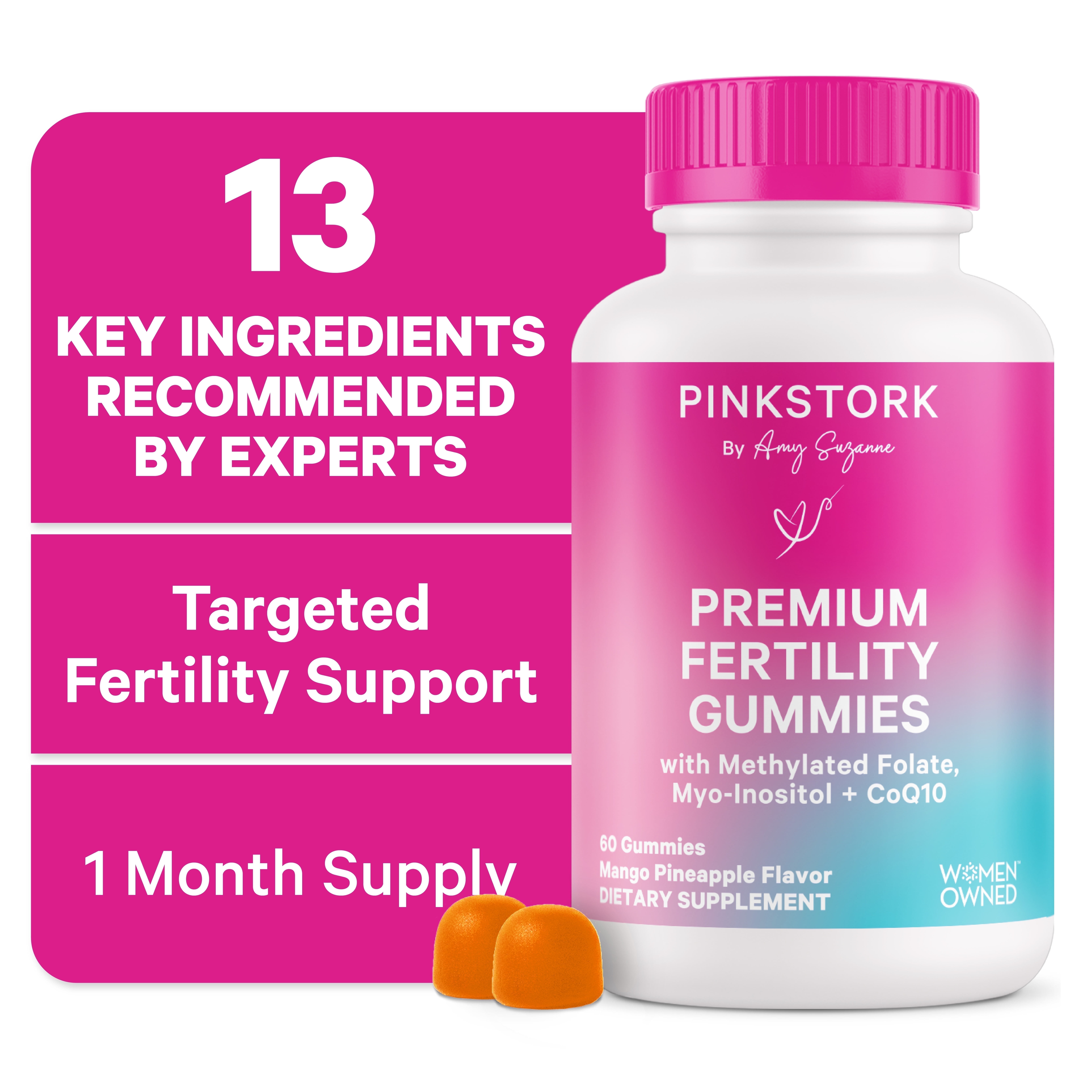 Pink Stork Premium Fertility Gummies: Inositol, Prenatal Vitamin, Gluten Free, 90 Strawberry Gummies