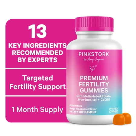 Pink Stork Premium Fertility Gummies: CoQ10, Myo-Inositol, Methylated Folate, Zinc, 60 Count, Mango Pineapple