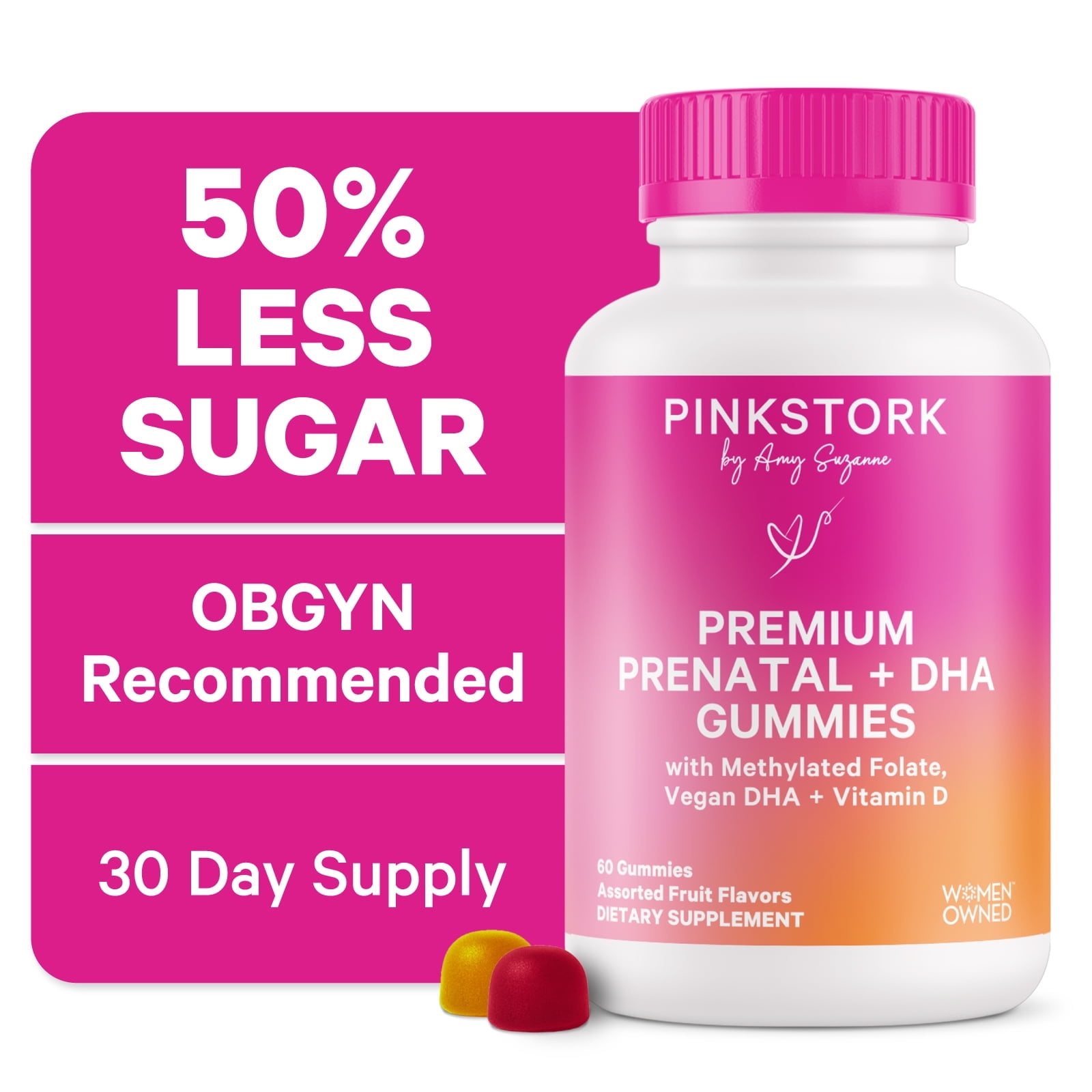 Pink Stork Premium Prenatal Gummy Vitamins with DHA, Folate, and Vitamin D - 60 Vegan Gummies