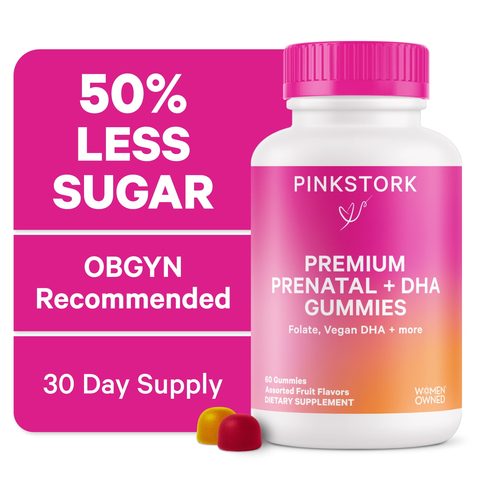 Pink Stork Premium Prenatal Gummy Vitamins with DHA, Folate, and Vitamin D - 60 Vegan Gummies