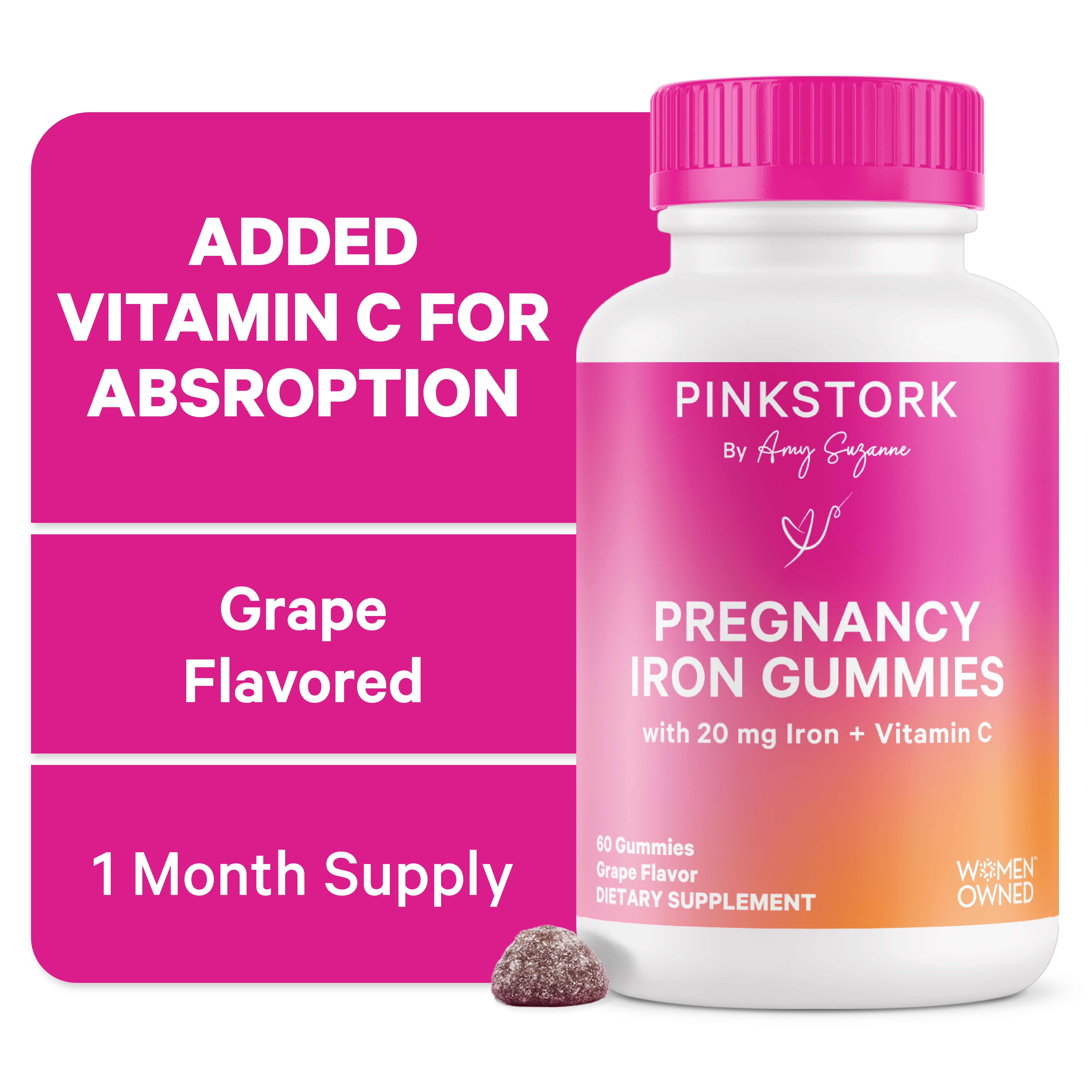 Pink Stork Prenatal Iron Supplement, Grape Chewable Iron Gummies with Vitamin C, 60 Gummy Chews