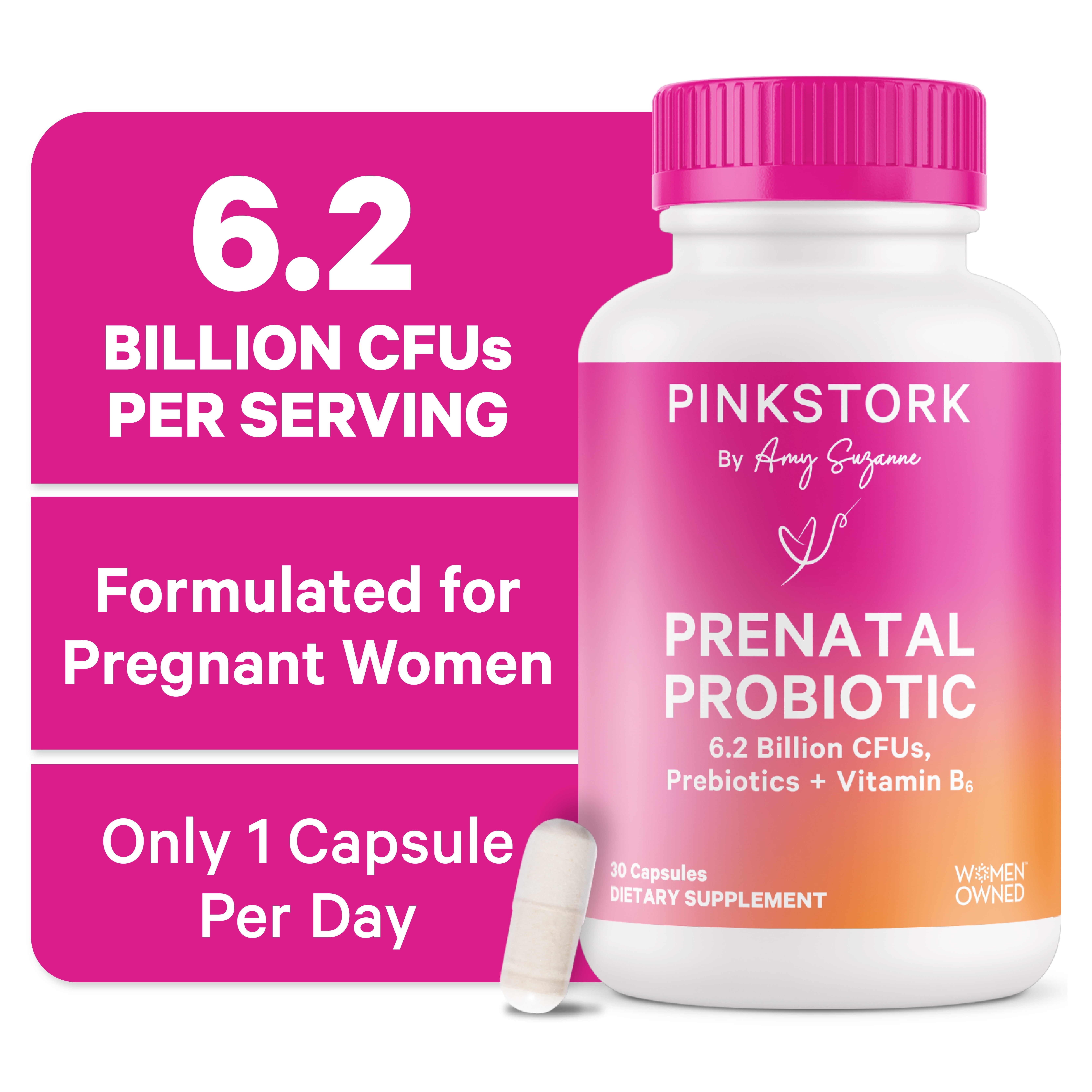 Pink Stork Prenatal Probiotics for Pregnancy, Digestive Support with Prebiotics & B6, 30 Servings