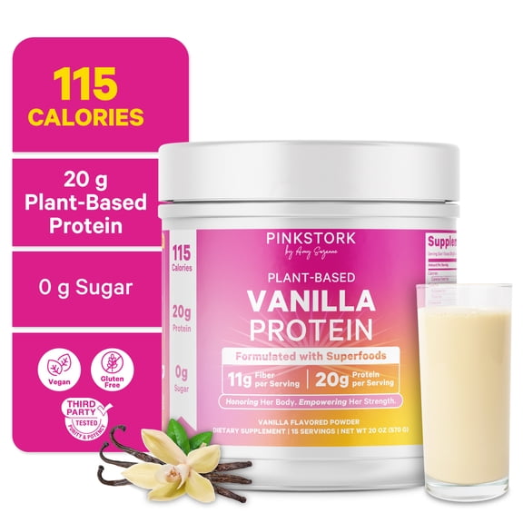 Pink Stork Protein Powder for Women, 20g Plant Based Protein Powder with Fiber + Superfoods, Gluten Free, Dairy Free, Sugar Free, Vanilla Protein Shake - 15 Scoops