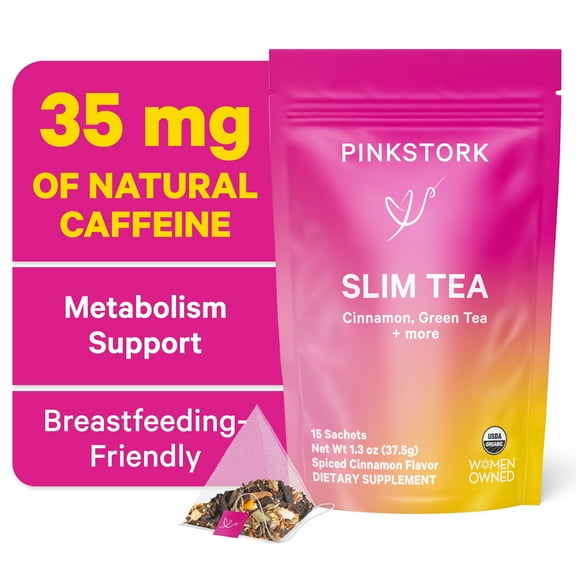 Pink Stork Slim Tea: Organic Hibiscus Green Herbal Tea, Turmeric, Cinnamon, Dandelion, Gluten-Free, 15 Sachets