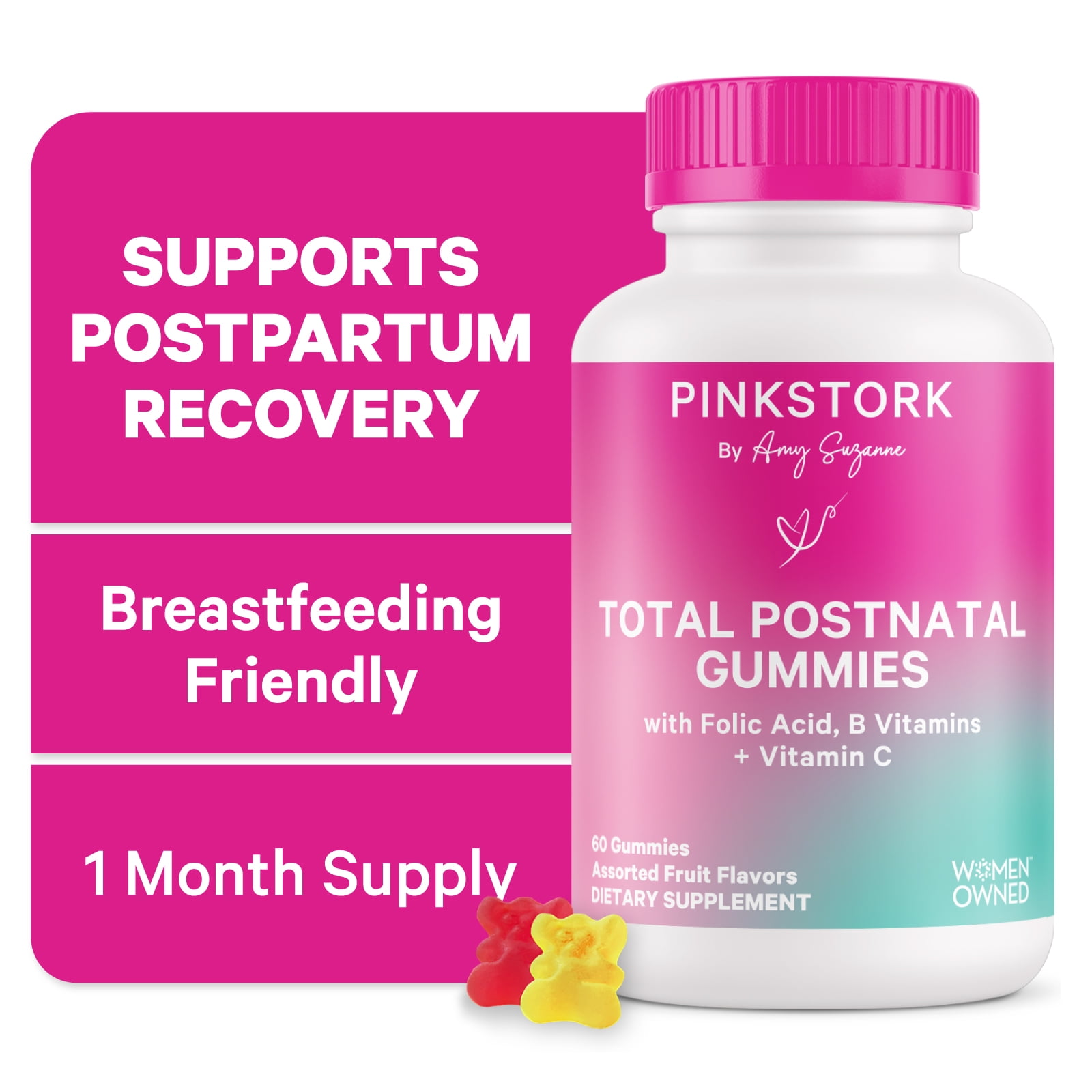 Pink Stork Total Postnatal Gummies, Zinc, Essential Vitamins + Minerals for Postpartum Wellness, 60ct