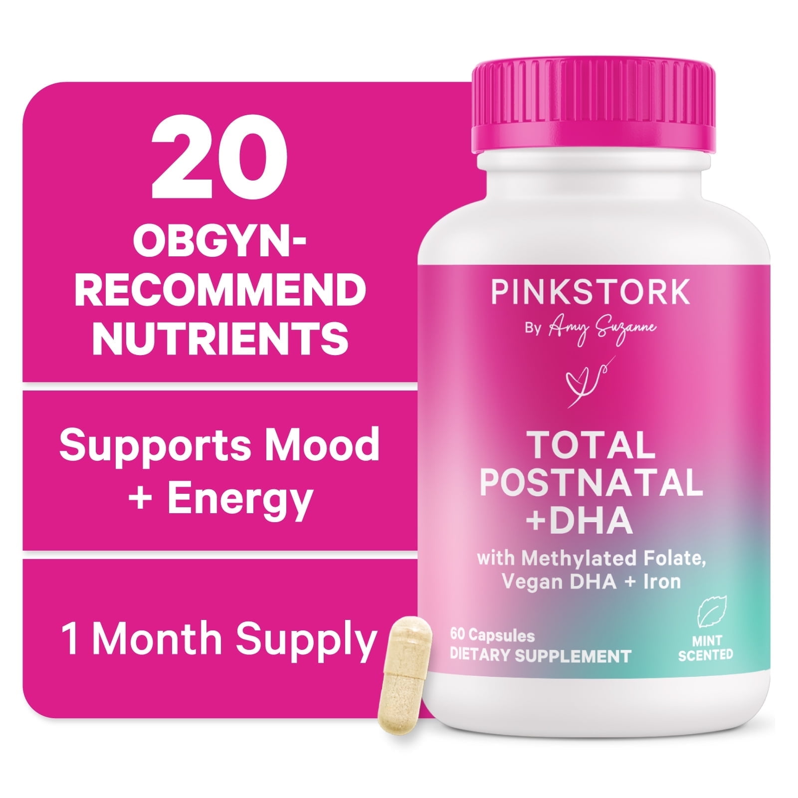 Pink Stork Total Postnatal Vitamins for Women 60ct - Mint Essenced Capsules with Vegan DHA, Iron, Folate, and Vitamin B12